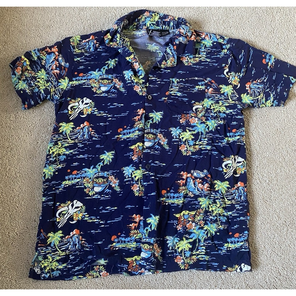 Star Wars Shirt Mens Medium  Blue Hawaiian Camp Baby Yoda Tropic Button Up
